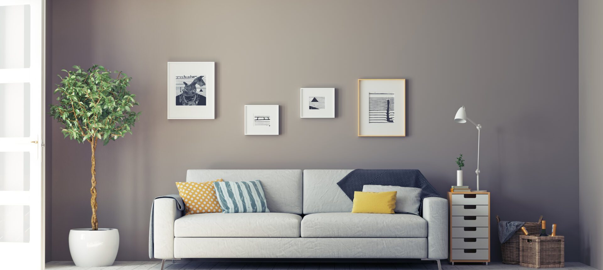 Modern living room with gray sofa